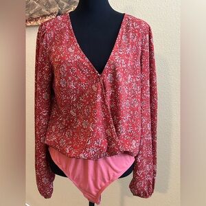 Red Floral Wrap Style V-Neck Surplice Bodysuit Blouse by West of Melrose